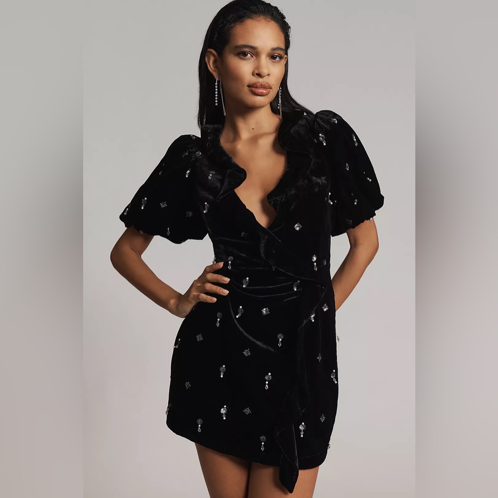Anthropologie Maeve Short-Sleeve V-Neck Embellished Mini Dress
